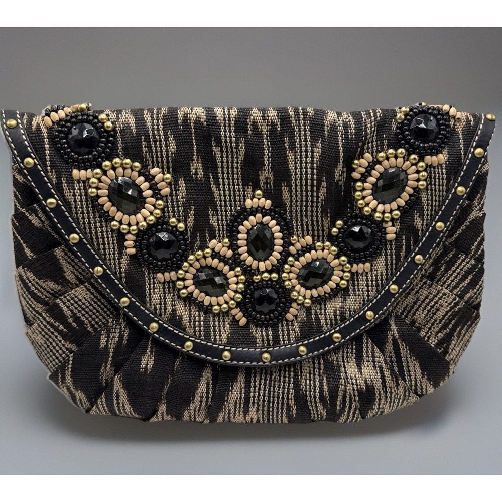 Rafe Large Beaded Clutch Handbag Leather Stones 12x9 Chain Strap - Picture 2 of 14